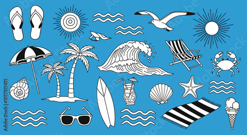 Hand drawn summer beach icons on blue background including palm trees surfboard umbrella waves and seagull