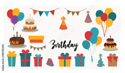 Birthday celebration vector set with cakes balloons gifts and handwritten lettering isolated on white