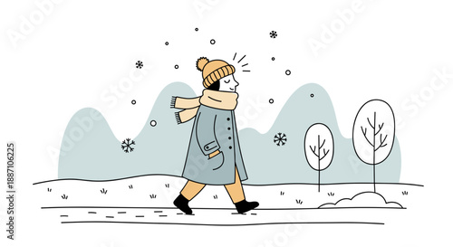 Woman Walking in Snowy Weather with Scarf and Coat
