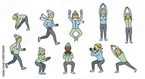 Cartoon man in various yoga poses and movements on black background