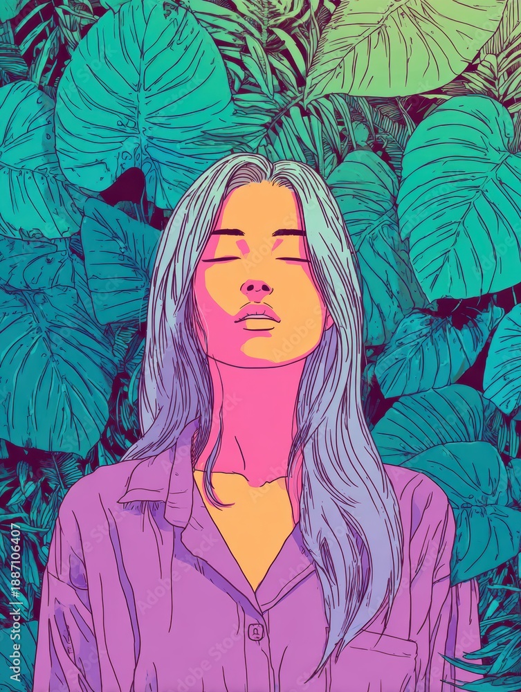 Fototapeta premium Dreamy Girl Surrounded by Lush Tropical Foliage, Meditating Peacefully