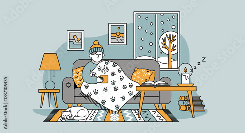 Cozy Living Room Scene with Cat and Person Relaxing on Sofa