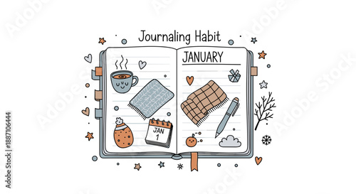 Journaling Habit January Planner Illustration with Cups and Notes