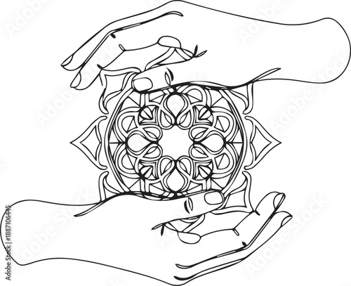 Hands gently cradling a detailed floral mandala in a line art style