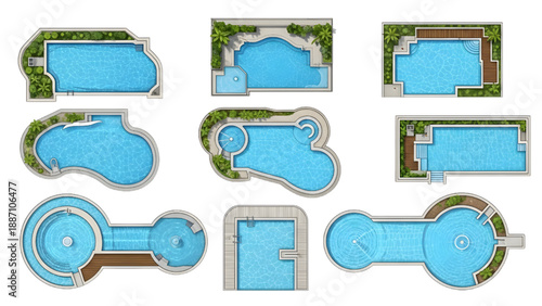 Pools and Fountains Top View Vector Set for CAD Landscape Designs