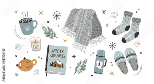 Cozy Winter Essentials Illustration with Snowflakes and Warm Drinks