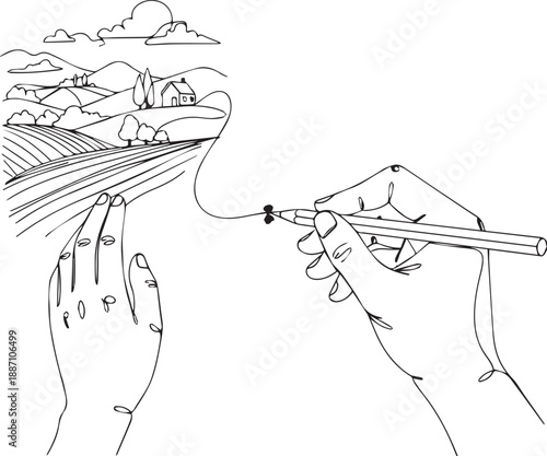 A hand drawing a landscape with a pen merging reality and imagination