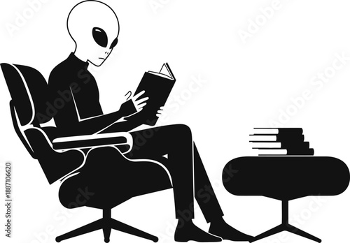 Sci-Fi Alien Reading Book Flat Silhouette Design