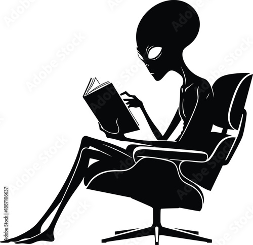 Futuristic Alien Reading in Modern Chair Silhouette