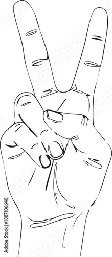 A simple black and white sketch of a hand displaying the victory sign