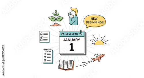 New Beginnings Illustration with Laptop, Growth, and Sunrise Elements