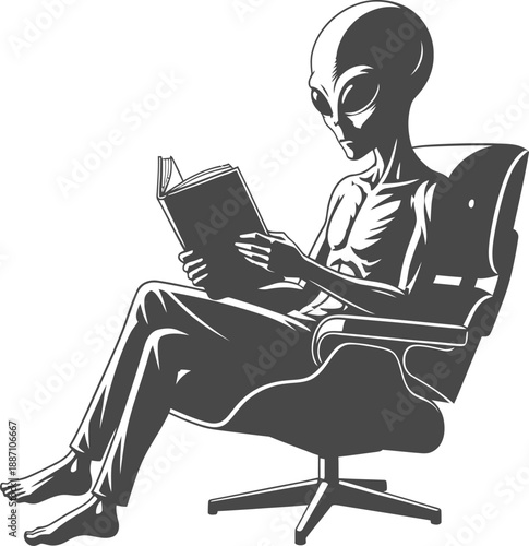 Alien Reading Book Silhouette in Modern Chair