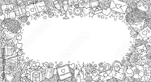 Whimsical hand drawn vector illustration frame filled with romantic symbols like roses gift boxes engagement rings champagne glasses and love letters perfect for wedding invitations valentine's day