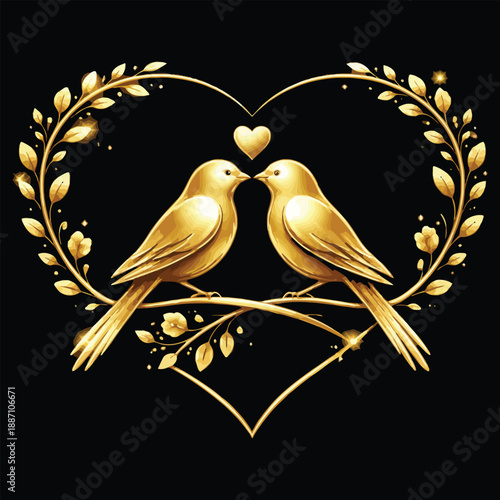 Two golden birds sitting closely together on a branch framed by an elegant heart shaped wreath made of stylized leaves and small flowers on black