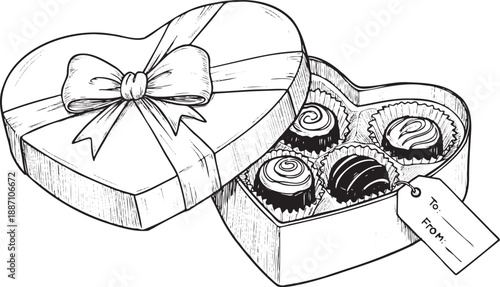 Heart shaped box of assorted chocolates tied with a decorative bow open to reveal delicious treats inside with a 'tofrom' gift tag perfect for valentine's day or special occasions presented