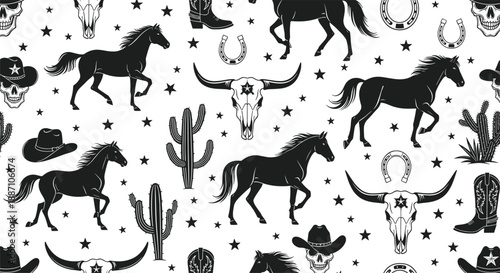 Seamless Wild West pattern with black horse silhouettes, cowboy hats, cacti, bull skulls and stars,