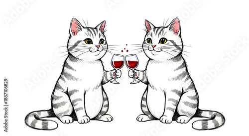 Charming illustration of two happy tabby cats raising glasses of red wine in a celebratory toast, embodying friendship and fun with festive spirits