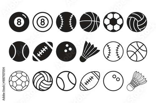 Sports balls icon set collection silhouette and outline vector