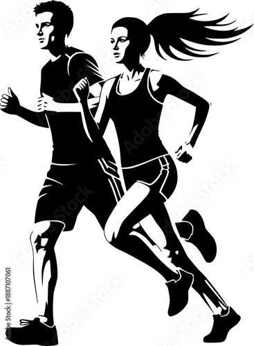 Running man and woman, isolated vector silhouettes. Run, side view. Silhouettes of athletic looking male and female runners running. Transparent background EPS version.