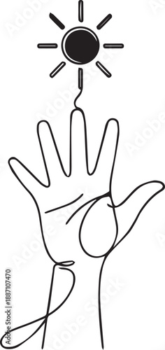 A line drawing of a hand reaching for the sun with radiating lines