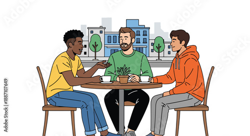 Three male friends enjoying coffee together at an outdoor café, illustrated in modern flat vector style, expressing friendship, relaxation, social bonding, and urban lifestyle moments