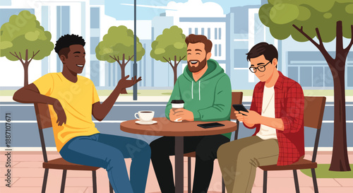 Three male friends enjoying coffee together at an outdoor café, illustrated in modern flat vector style, expressing friendship, relaxation, social bonding, and urban lifestyle moments