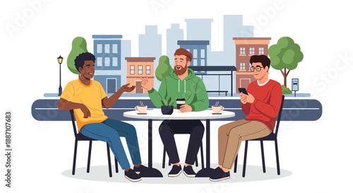 Three male friends enjoying coffee together at an outdoor café, illustrated in modern flat vector style, expressing friendship, relaxation, social bonding, and urban lifestyle moments