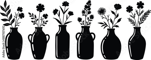 Flower vase silhouette set with unique floral arrangements and decorative foliage designs, vector artwork