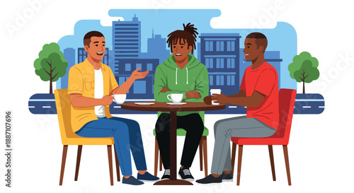 Three male friends enjoying coffee together at an outdoor café, illustrated in modern flat vector style, expressing friendship, relaxation, social bonding, and urban lifestyle moments