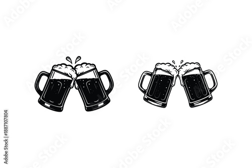 Clinking Beer Mugs Cheers Icon Collection in Vintage Line Style
