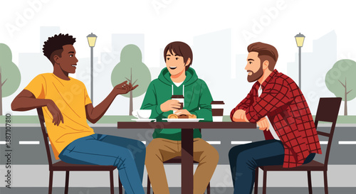 Three male friends enjoying coffee together at an outdoor café, illustrated in modern flat vector style, expressing friendship, relaxation, social bonding, and urban lifestyle moments