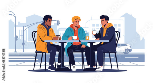 Three male friends enjoying coffee together at an outdoor café, illustrated in modern flat vector style, expressing friendship, relaxation, social bonding, and urban lifestyle moments
