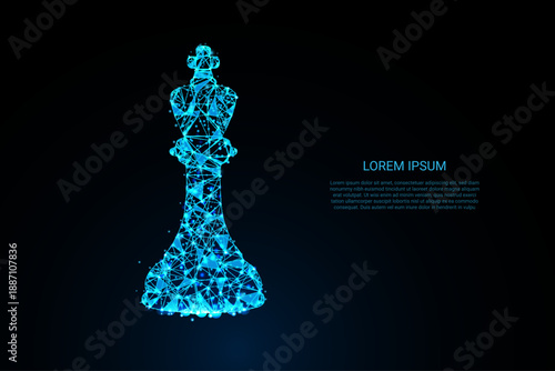 A digital low-poly wireframe illustration of a glowing blue chess king piece set against a dark background
