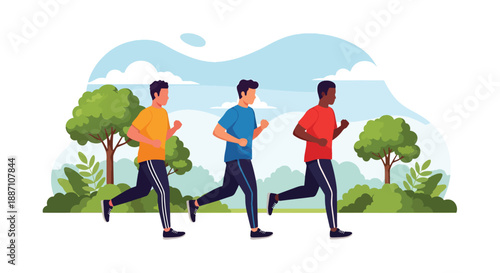 Modern vector of three close friends jogging side by side in a city park, showing healthy lifestyle, teamwork, fitness motivation, and strong male friendship in an urban environment