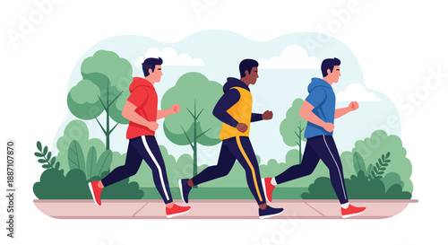 Modern vector of three close friends jogging side by side in a city park, showing healthy lifestyle, teamwork, fitness motivation, and strong male friendship in an urban environment