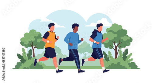 Modern vector of three close friends jogging side by side in a city park, showing healthy lifestyle, teamwork, fitness motivation, and strong male friendship in an urban environment
