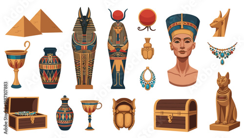 Assortment of ancient egyptian artifacts including pyramids, sarcophagi, royal jewelry, pottery, and the bust of Nefertiti.