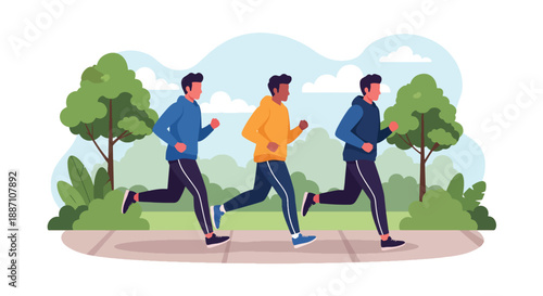 Modern vector of three close friends jogging side by side in a city park, showing healthy lifestyle, teamwork, fitness motivation, and strong male friendship in an urban environment