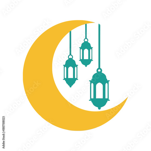 Ramadan crescent moon with hanging lanterns Vector