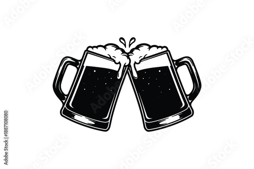Clinking Beer Mugs Cheers Icon Collection in Vintage Line Style