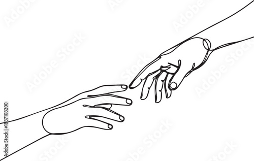 Delicate line art depicting two hands almost touching a symbol of connection