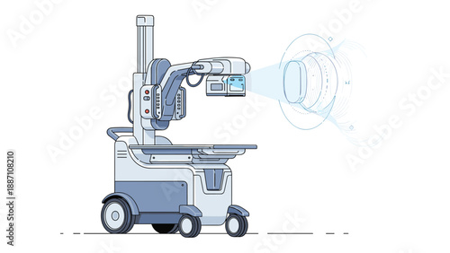 Advanced medical diagnostic imaging machine for hospital use featuring a robotic arm and high tech digital scanning technology.