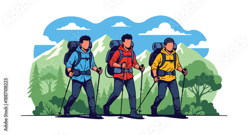 Modern vector illustration of three close friends hiking on a mountain trail, highlighting adventure, teamwork, outdoor lifestyle, exploration, and strong friendship in nature