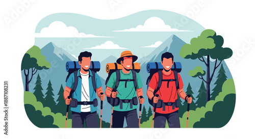Modern vector illustration of three close friends hiking on a mountain trail, highlighting adventure, teamwork, outdoor lifestyle, exploration, and strong friendship in nature
