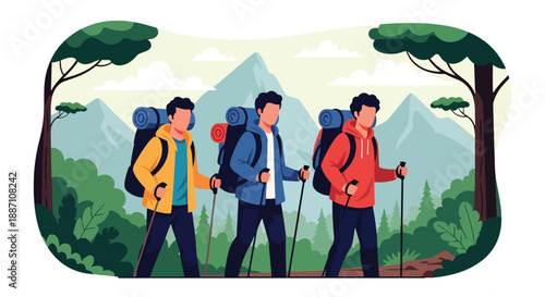 Modern vector illustration of three close friends hiking on a mountain trail, highlighting adventure, teamwork, outdoor lifestyle, exploration, and strong friendship in nature