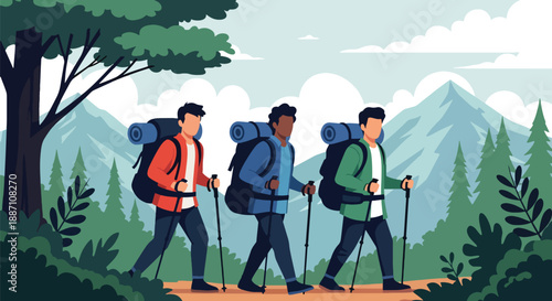 Modern vector illustration of three close friends hiking on a mountain trail, highlighting adventure, teamwork, outdoor lifestyle, exploration, and strong friendship in nature