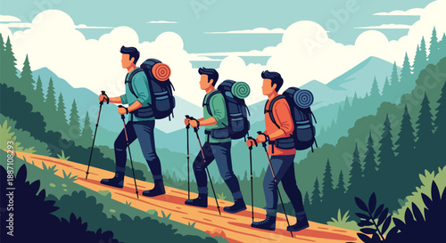 Modern vector illustration of three close friends hiking on a mountain trail, highlighting adventure, teamwork, outdoor lifestyle, exploration, and strong friendship in nature