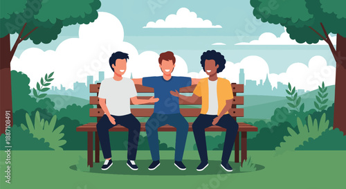 Modern vector of three friends sitting on a park bench laughing and talking, representing friendship, relaxation, outdoor lifestyle, and warm social connection in the city