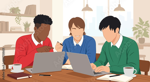 Modern vector of three male friends working on laptops in a coworking space, symbolizing teamwork, productivity, friendship, and contemporary business lifestyle