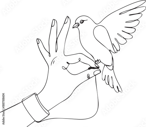 A delicate bird taking flight from a human hand in a line art style